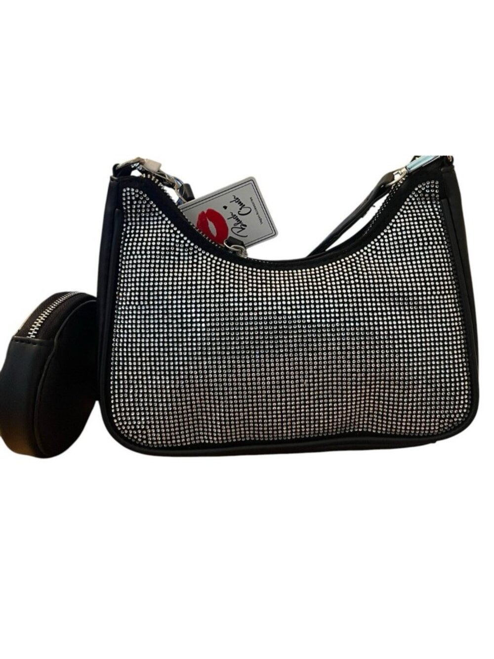 Blush Crush Rhinestone Crossbody Black Crescent Bag Purse With Coin Bag NWT